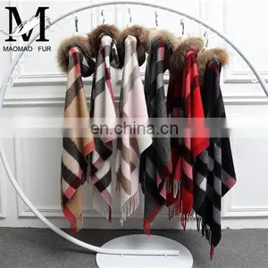 Fashion Women Real Raccoon Fur Hood Shawl Wool Cashmere Scarves Shawls thumbnail-3