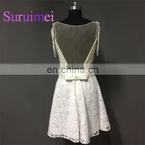 2017 Free Shipping Short Prom Dresses With Pearls Scalloped Neck Formal Evening Gowns Robe de Soiree thumbnail-2
