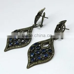 Bring The Heat !! Blue Sapphire & Diamond 925 Sterling Silver Earring, Dangler SIlver Earring, Indian Fashion Silver Jewelry thumbnail-3