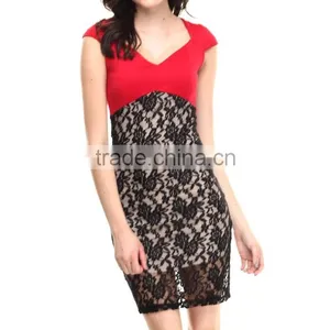 Party Club Ladies Career Dress Sexy Nude Mesh Lace Pattern Red Black Patchwork Asian Suits thumbnail-4