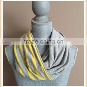 Infinity Scarf With Hidden Pocket - Reversible Heather Grey and Yellow Stripes thumbnail-1