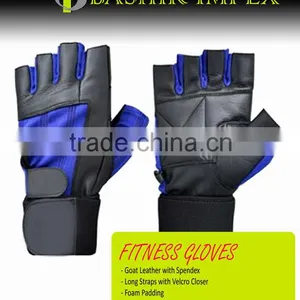 BLACK LEATHER WEIGHTLIFTING GLOVES WITH BLUE FABRIC thumbnail-1