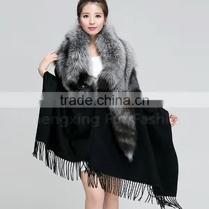 CX-B-P-53B Tassels Decoration Women's Fashion Fox Fur Trim Pashmina Shawl thumbnail-5