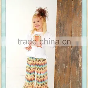 Thanksgiving Day Turkey Chevron Outfits Childrens Boutique Clothing Turkey Embroidered Top&chevorn Ruffle Pants Sets thumbnail-1