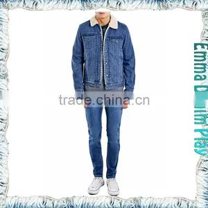 Cool Design Vintage Mens Fur Collar Short Fleece Lining Blue Denim Jackets thumbnail-3