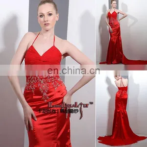 EM8004 Mermaid Floor-length V-neck Evening Dress Halter Bridesmaid Dress Ruffle and Embroidery Formal Dress thumbnail-1