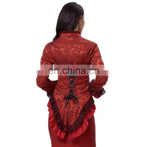 Belle Poque Women's Retro Vintage Gothic Victorian Corset Style Lace Embellished V-Neck Jacquard Red Coat Tops BP000223-2 thumbnail-2