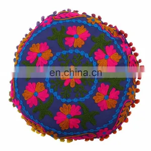 Flower Embroidered Suzani Round Cushion Cover Round Pillow Case Home Decor thumbnail-1