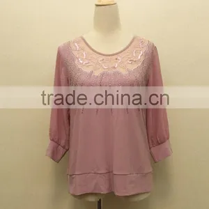 Ladies Fashion Lace Pink Chiffon Jewel Blouse thumbnail-5