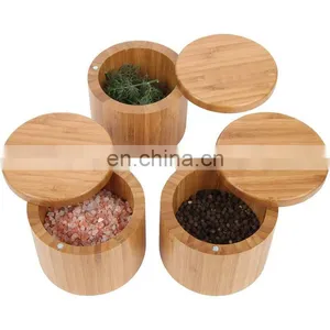 Natural Small Round Bamboo Salt Cellar Herb & Spice Pepper Storage Box With Magnetic Swivel Lid Pantry Organizer thumbnail-1