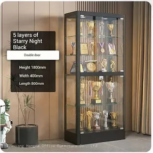 Easy Assembly Modern Display Cabinet | Black 5-Tier Curio Cabinet With Tempered Glass Shelves | for Office Use thumbnail-2