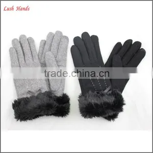 Women Woolen Cheap Hand Gloves Winter Dress Gloves With Black Fake Fur thumbnail-2