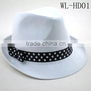 WL-HD011 100%COTTON CANVAS WHITE FEDORA WITH DOT BOW TRIM FOR WOMEN thumbnail-1
