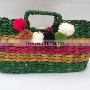 High Quality Best Selling Multi-color Water Hyancinth Lady Handbag With Pompoms From Vietnam thumbnail-1