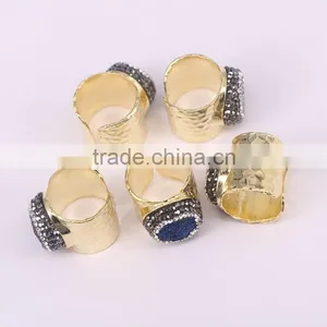 Natural Agate Stone Druzy Rings, Metal Copper Gold Plated Wide Band Crystal Zircon Paved Agate Ring thumbnail-3