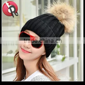 Winter Women Raccoon Fur Pom Pom Bobble Knit Braided Hat thumbnail-1