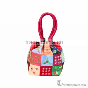 Embroidery Silk Handbag, Mini Brocade Fabric Bucket Handbag, Ethnic Handicraft Souvenirs From Vietnam thumbnail-2