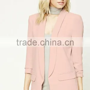 Women Formal Blazer Modern Fashion Textured Knit Open Front Long Ruched Sleeves LONGLINE Latest Blazer Design For Mature Ladies thumbnail-2