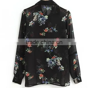 Hot Black Floral Print Chiffon Shirts for Woman Chiffon Long Sleeve Chiffon Tops thumbnail-3