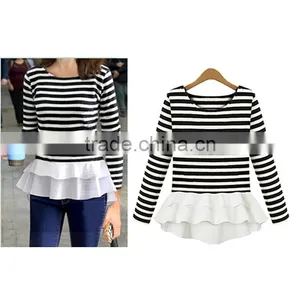 Autumn Latest Design Round Neck Ivory Long Sleeve Chiffon Stitching Knitting Striped Printing t Shirt Design thumbnail-6