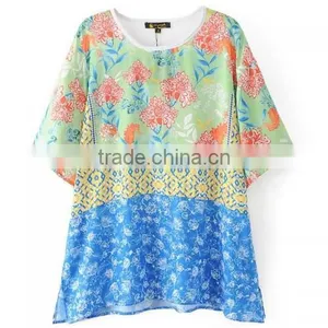 Women Summer Clothes Rinted Shivering Blue Satin Women Short Sleeve Shirt thumbnail-3