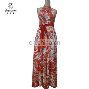 HW-048 Rayon Printed Halter Neck Wide Leg Jumpsuit With Satin Belt thumbnail-1