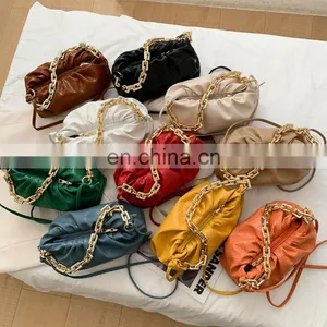 Women Pleated Cloud Handbags, Gold Chain Shoulder Bag Luxury Pure Color Ruched Hobos Lady Dumpling Wrinkled Crossbody Bags/ thumbnail-1