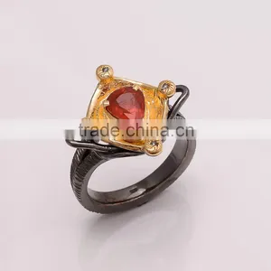 925 SOLID STERLING FINE SILVER GARNET RING BLACK & GOLD RHODIUM thumbnail-1