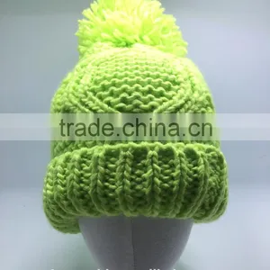 Winter Fluorescent Col Chunky Cable Knitted Hat Beanie With Big Pompon for Kid and Lady thumbnail-3