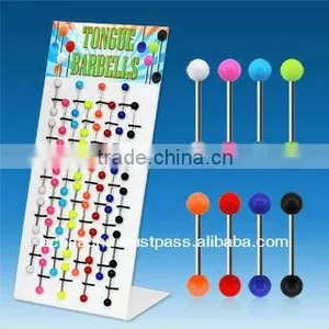 Display With 40 Pcs of Surgical Steel Tongue Barbells, 14g, With 6mm Solid Color Acrylic Balls - Length 5/8" (16mm) thumbnail-1