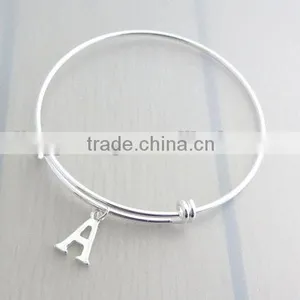 Custom Adjustable Silver Plated Initial Letter Charm Bangles thumbnail-2