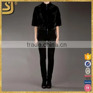 SHANGYI Black 3/4 Sleeve Zipper Cropped Fur Coat for Woman thumbnail-2