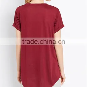 Ladies Classics Dark Red Round Neck Lightweight Rayon Tee With Curve High-low Hem Women Tops thumbnail-2