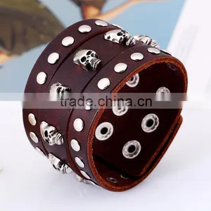 Fashion Men Jewelry Cow Rivet Skull Charms Leather Bracelet thumbnail-1