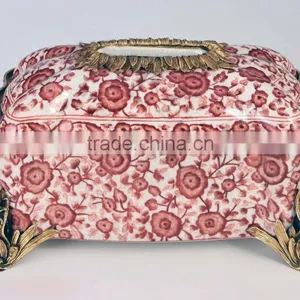 Lovely Red Plum Blossom Painting Grasshopper Shape Brass Decorative Ceramic Tissue Box thumbnail-1