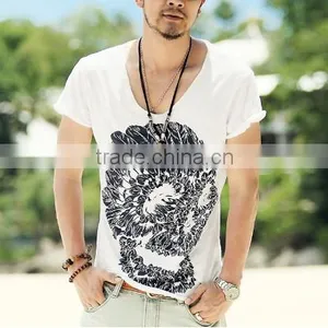 2016 Men Deep V Neck Summer Cotton Skull Print Slim T Shirt thumbnail-1