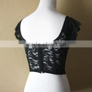 Hot Sexy Girl With Cap Sleeve Custom Black Lace Crop Top thumbnail-2