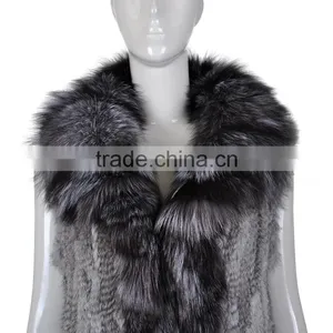 YR263 Genuine Rabbit Knit Fur Vest With Fox Collar Top Quality thumbnail-2