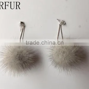 YR1022 Fashion Earrings Mink Fur Pom Pom and Silver Ear Pendants thumbnail-1