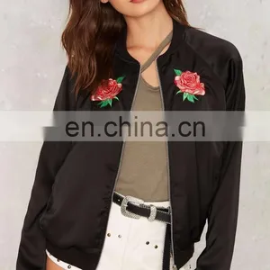 2017 Custom Wholesale Rose Embroidered Satin Bomber Jacket Women thumbnail-2
