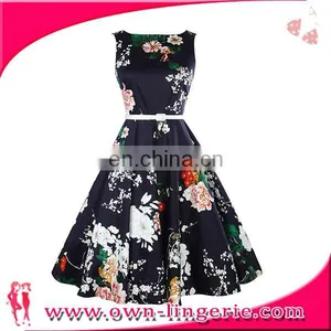 Vintage Tea Dress With Belt Wholesale Western Women Clothing Girls Skater Dress Swing Vintage Dress With Belt thumbnail-2