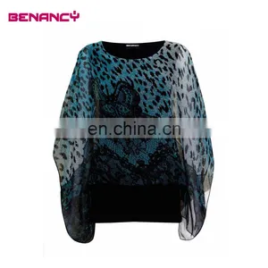 Batwing Sleeve Chiffon Tribal Animal Print Poncho for Old Women thumbnail-5