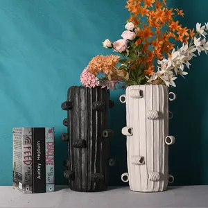 Minimalism Cactus White Black Glaze Chinese Ceramic Vase For Coffee Shop Decor thumbnail-1