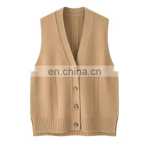 Brand New Custom Sleeveless V-Neck Cardigan Vest Women Knitted Cashmere Woolen Casual Style Embroidered Logo Button Back thumbnail-6