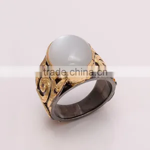 925 SOLID STERLING FINE SILVER RAINBOW MOONSTONE RING BLACK & GOLD RHODIUM thumbnail-1