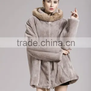 QD29281 Fashionable Europe Styles Raccoon Fur Collar Rex Rabbit Fur Coat For Sale thumbnail-1