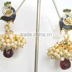 Peacock Pearl Gold Plated Dangler Jhumka EARRINGS thumbnail-3