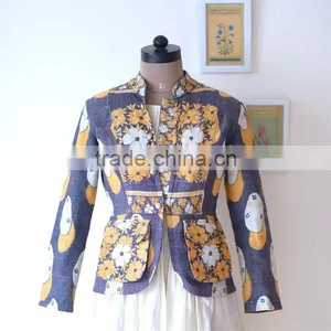 Denim Jacket in Kediyu Style With Vintage Kantha Fabric ~ Medium thumbnail-1