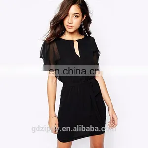 New Arrival Cup Sleeve Cut Out Back Black Chiffon Evening Dresses China thumbnail-2