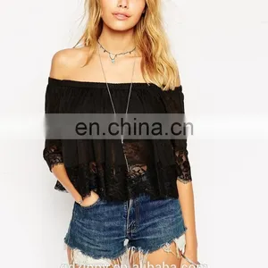 Latest Ladies Top With Off Shoulder and Lace Trim Tops thumbnail-2